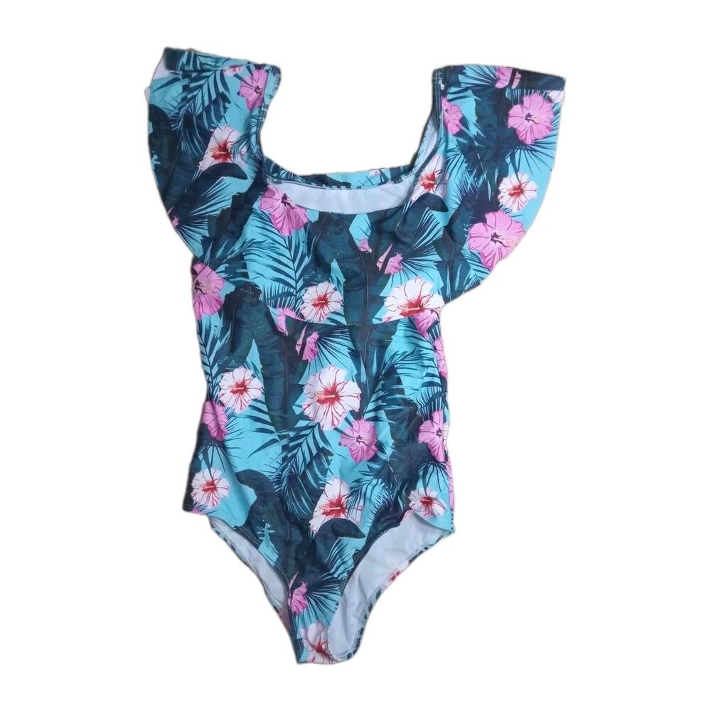 Large Iffei One Piece Bathing Suit Off Shoulder Floral Printed Ruffles Monokini